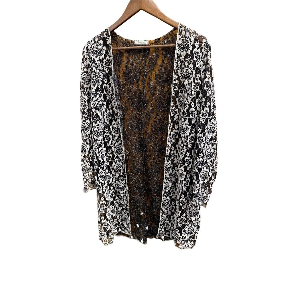 Floral Lace 1X Long Cardigan Kimono Jacket For Women In Black & White